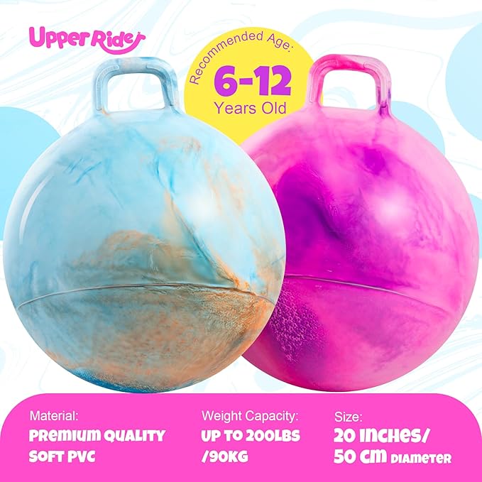 Upper Rider 2 Pack 20 Inch Clouds Hopper Ball for Kids Ages 6-12, Oversized Tie Dye Bouncy Balls with Handle, Blue Orange & Purple Pink Jumping Balls, Inflatable Ride-On Toys with Pump and Gift Boxes