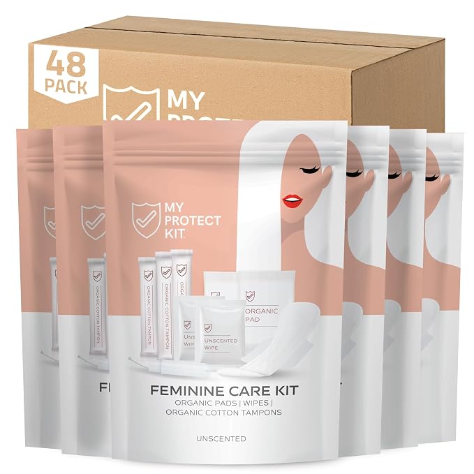 MY PROTECT KIT Feminine Care Kit - 11 Pieces First Period Kit for Girls, Compact Hygiene Set for Women, Essentials with Cotton Tampons, Organic Pads & Wipes, Pack of 48