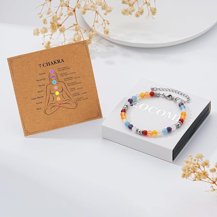 Zocomi Natural Healing Crystal Bracelet for Women, Anxiety Relief Triple Protection 7 Chakras Jewelry Gift for Friends Daughter Mom 6.5+2 Inches