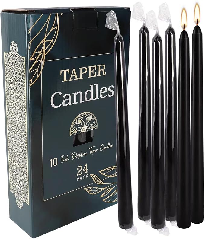 YOROXRG 24 Pack Black Taper Candles, 7-8 Hours Burn Time, Unscented, Smokeless and Dripless, 0.75 x 10 Inch Dinner Candle Set for Halloween, Household, Wedding, Party and Home Décor Candlesticks