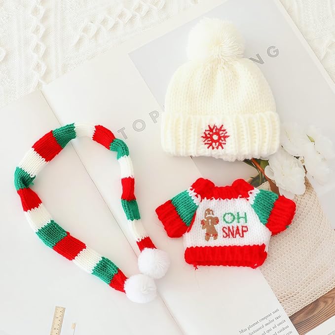 Christmas Hat Clothes for Dolls Accessories, Stylish Kawaii Festive Christmas Sweater Scarf Outfit Set 3 Pieces Suitable for 15cm 17cm Doll , Xmas Doll Clothing Set Replacement