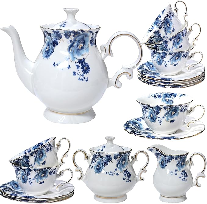 21-Piece Bone China Tea Set for Adults, Blue and White Porcelain Tea Set for 6, Vintage Floral Tea Cup Set With Teapot, Tea Party Sets for Women Gift，Gift Box