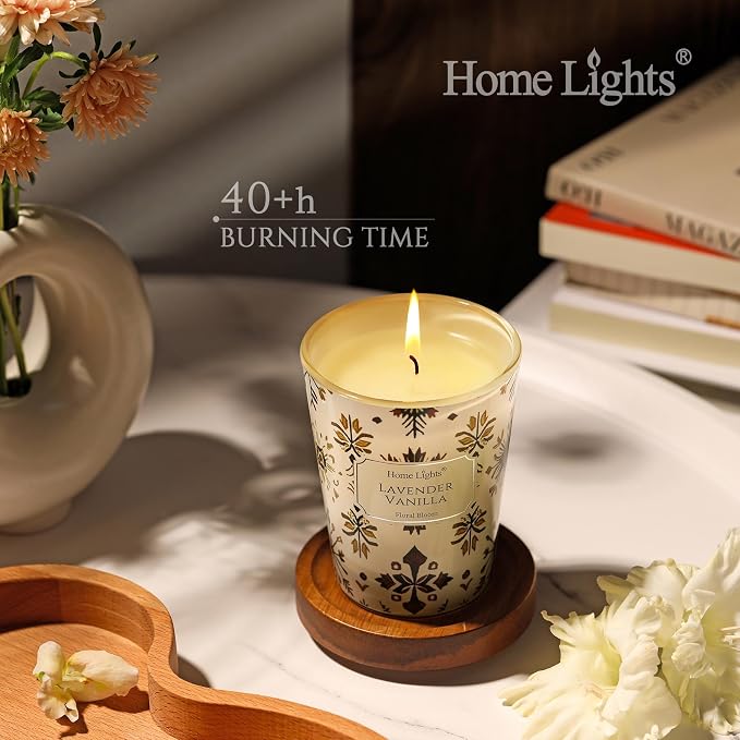 HomeLights Soy Wax Candles for Home Scented, 1-Wick Candles in Lavender Vanilla Scented, Aromatherapy Candles Gift for Parties, Relaxing, Bohemian Natural Textures, 6.7oz
