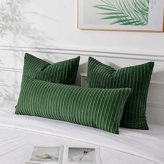 UGASA 14x36 Inch Christmas Pillow Cover Pack of 1 Soft Boho Stripe Corduroy Large Long Rectangle Lumbar Cushion Case Farmhouse Decorative Pilowcase for Bed Couch Sofa Bedroom, Christmas Green