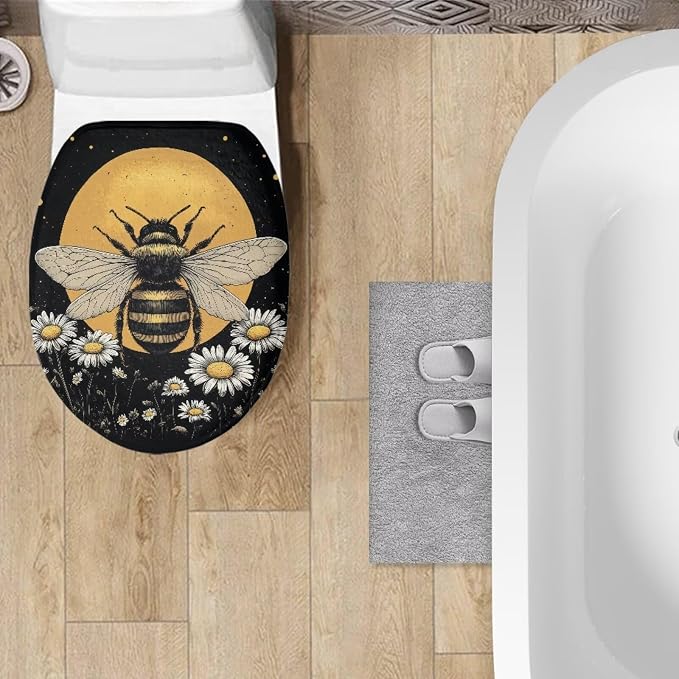 Bee Toilet Seat Cover for Bathroom Bee Moon Toilet Seat Pads Dust Cover Reusable Replacement Fabric Elastic Universal Fit Elongated Oval Round Lid,Easy to Clean