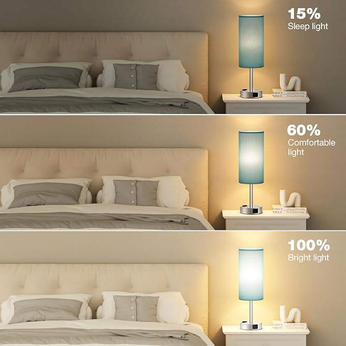 Fenmzee Turquoise Nightstand Table Lamp for Bedroom - 3 Way Dimmable Touch Lamp USB A and C Charging Ports and AC Outlet, Small Lamp for Office Desk with Metal Base, LED Bulb Included