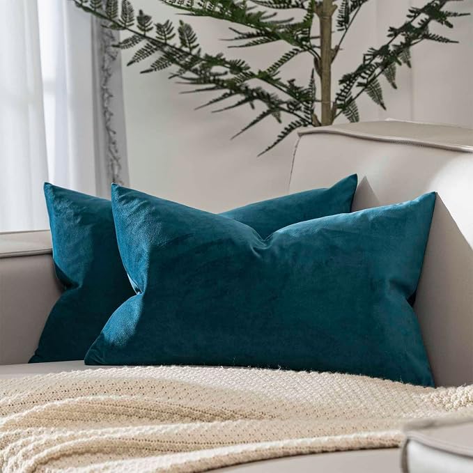 12x20 Lumbar Throw Pillow Covers Set of 2 for Couch Bed Sofa,Prussian Blue | Decorative Soft Velvet Cushion Covers with Invisible Zipper for Living Room Bedroom Home Decor