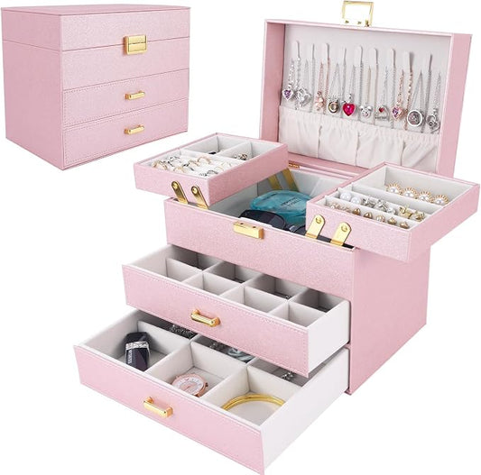 Jewelry Organizer Box, Large Jewelry Boxes for Girls, Space-Saving 4 Layers Jewelry Storage Case with Drawer, Gift for Women, Movable Metal Stand, Modern (Pink+ Gold)