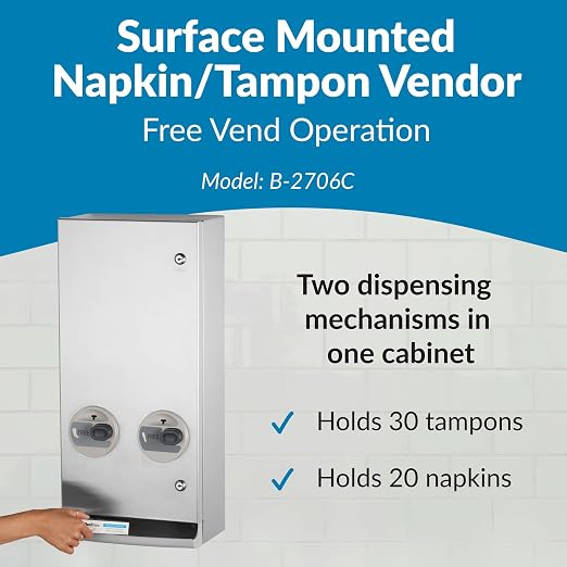 Bobrick Napkin and Tampon Dispenser, Free Vend, Surface-Mounted, ADA Compliant, Stainless Steel, Satin Finish Holds 30 Tampons & 20 Napkins Push-Button Operation Easy Access Adjustable Coin Settings
