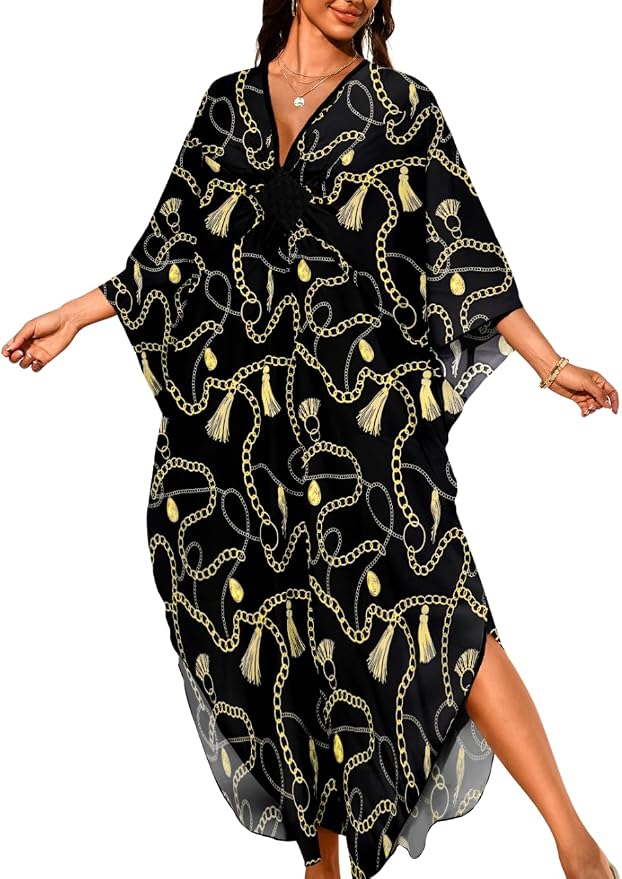 ChiaoLezhee Print Moo-Moos for Women, Kaftan Cover-Up Dresses, Sexy V-Neck High-Slit, Beach Pool-Party Coverups Muumuu Plus