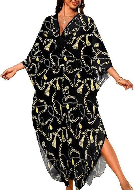 ChiaoLezhee Print Moo-Moos for Women, Kaftan Cover-Up Dresses, Sexy V-Neck High-Slit, Beach Pool-Party Coverups Muumuu Plus