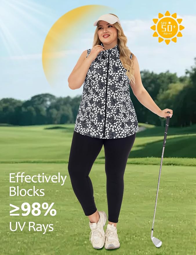 Misyula Style Plus Size Womens Golf Shirt Full-Zip with Pockets Tank Tops | Sleeveless, Quick Dry, Moisture-wicking, Lightweight Vests, Athletic, Tennis, Running, Workout, Casual, Travel, Work