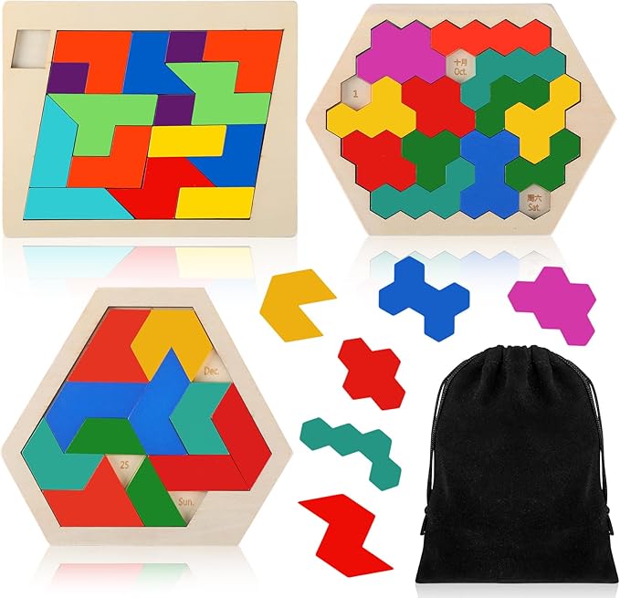 Yunsailing 3 Pack Hexagon Tangram Puzzle Wooden Brain Puzzles with Storage Bag Challenge Wood Russian Blocks Brain Teasers Geometric Jigsaw Block Logic Iq Stem for Family Party Gifts (Multilateral)