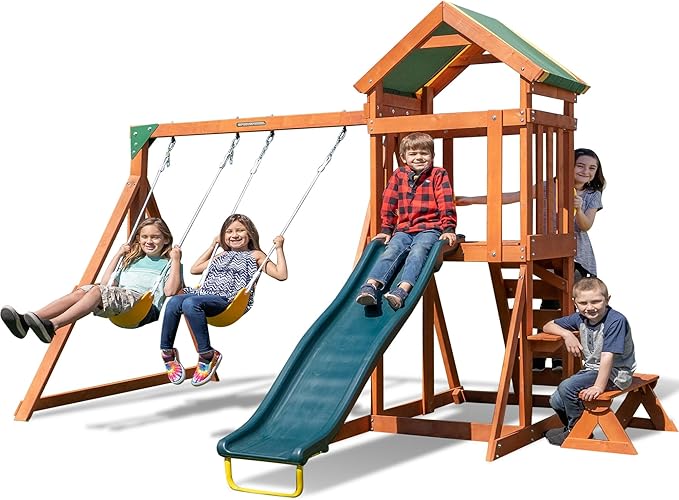 Sportspower Scottsdale Cedar Wood Swing Set: 2 Adjustable Swings, Sandbox, Rock Climber, Covered Deck, 1 Slide - Exceeds ASTM Safety Standards