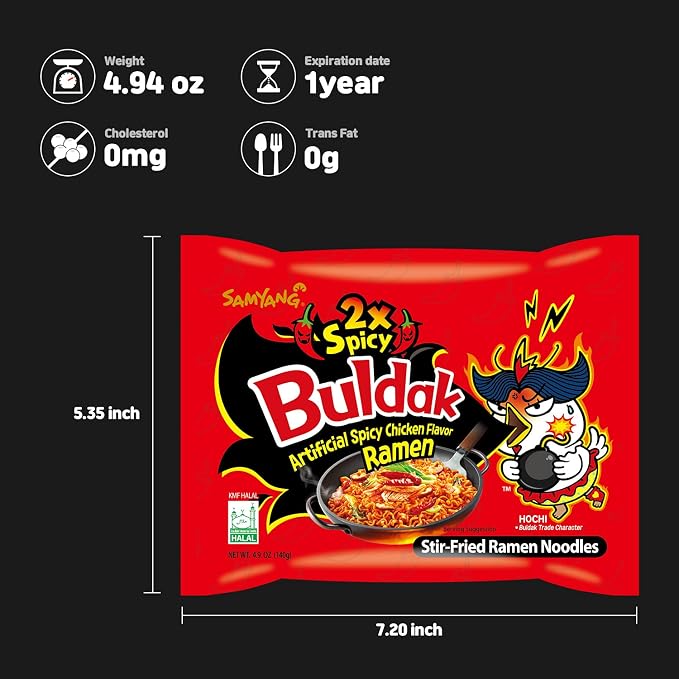 Samyang 2X Buldak (Korean) Hot Spicy Chicken Stir Fried Ramen 4.94 oz (Pack of 5)