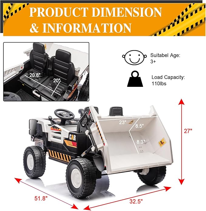POSTACK 24V 8Ah Ride on Dump Truck with Electric Dump Bed, Ride on Construction Vehicle 4WD Kids Electric Car with Remote Control and Extra Shovel,4x70W Powerful Motors, White
