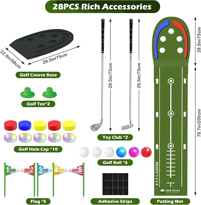 Golf Putting Mat with Light up Holes, Glowing Golf Balls, Practice Putting Green with 2 Clubs, Toy Golf set,Golfing Practice Mats,Training Mat Indoor Outdoor,Sport Game for Kids Adults Family