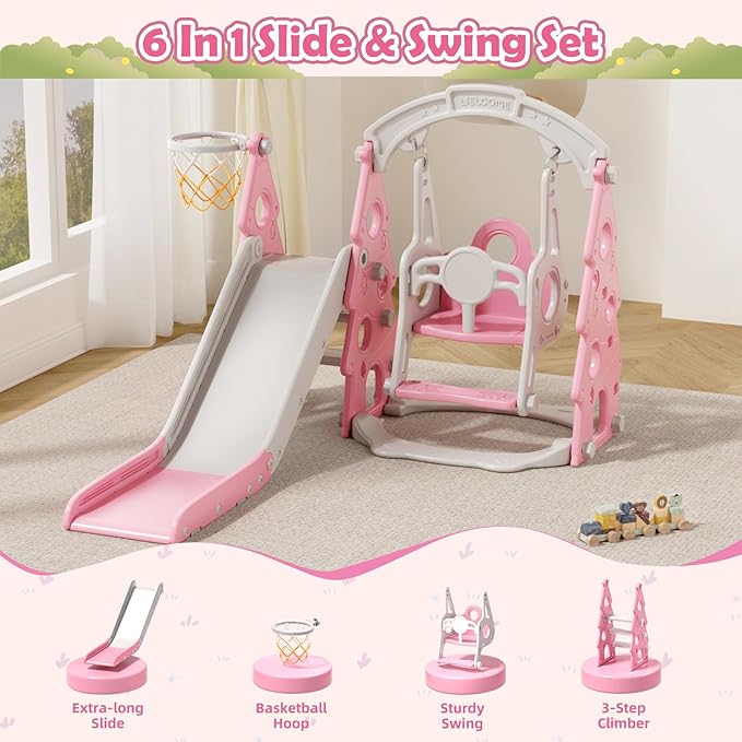 KORIMEFA 4-in-1 Kids Slide and Swing Set, Toddler Slide with Basketball Hoop, Swing, Outdoor Indoor Playground for Toddlers 1-3 Pine Shape Design(4 in1-Pink)