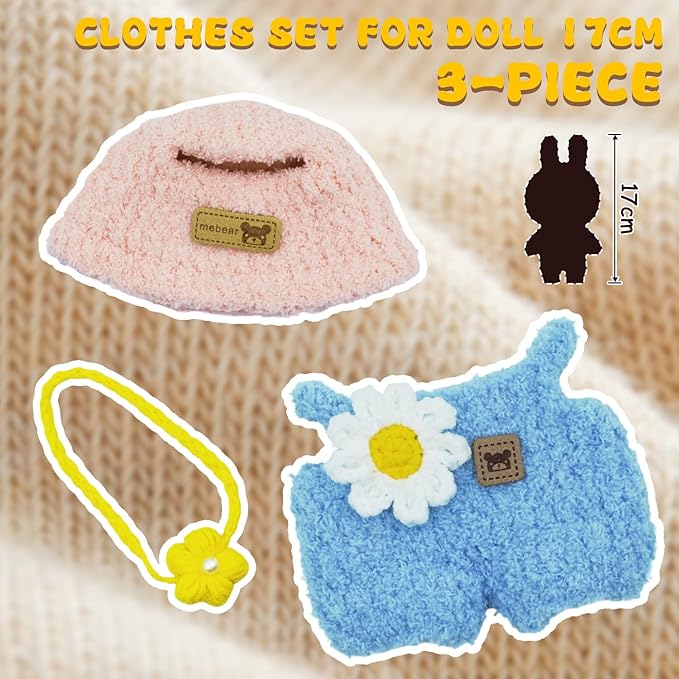 17cm Doll Clothes, 3-Piece Set with Handmade Hat, Jumpsuit & Bag, Sunflower Style Outfit for Cute Plush Doll, for Keychain Accessories(Pink and Blue)