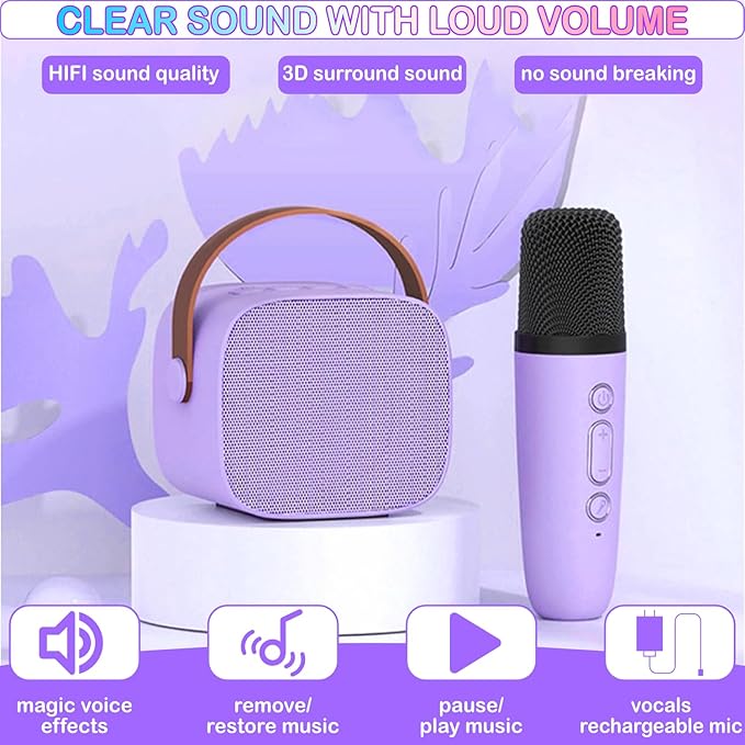 Portable Bluetooth Karaoke Speaker with 2 Wireless Microphones & LED Lights for Kids Birthday Parties