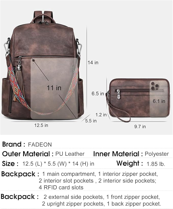 FADEON Leather Backpack Purse for Women Designer Travel Backpack Purses PU Fashion Ladies Shoulder Bag with Tassel