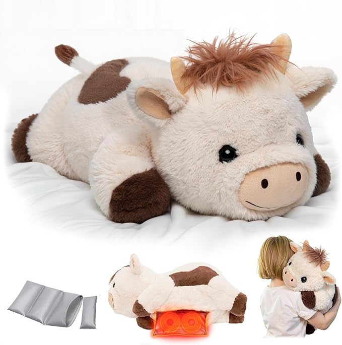 Weighted Stuffed Animals with Microwavable Heating Pad - 5lb Adjustable, Heatable & Coolable Cow Plush for Relaxation, Removable Inner Pad, Perfect Plush Gift for Kids, Adults (23 Inch)