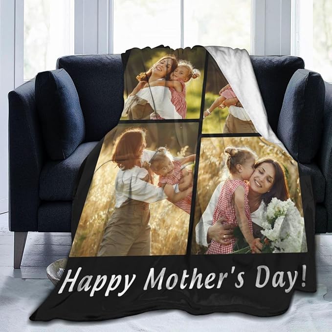 Custom Halloween Blanket Gift for Kid Boy Girl, Personalized 4 Photo Blanket, HD Printing Customized Flannel Throw Blanket Gifts for Mom Dad Couple Girlfriend Boyfriend Wife Husband