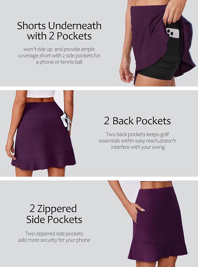 PINSPARK 18" Golf Skorts for Women with 6 Pockets Ruffle Athletic Skort | Above the Knee,High Waist,UPF 50+,4-way Stretch,Lightweight,Ruffle Hem,Tennis,Casual,Work,Pickleball