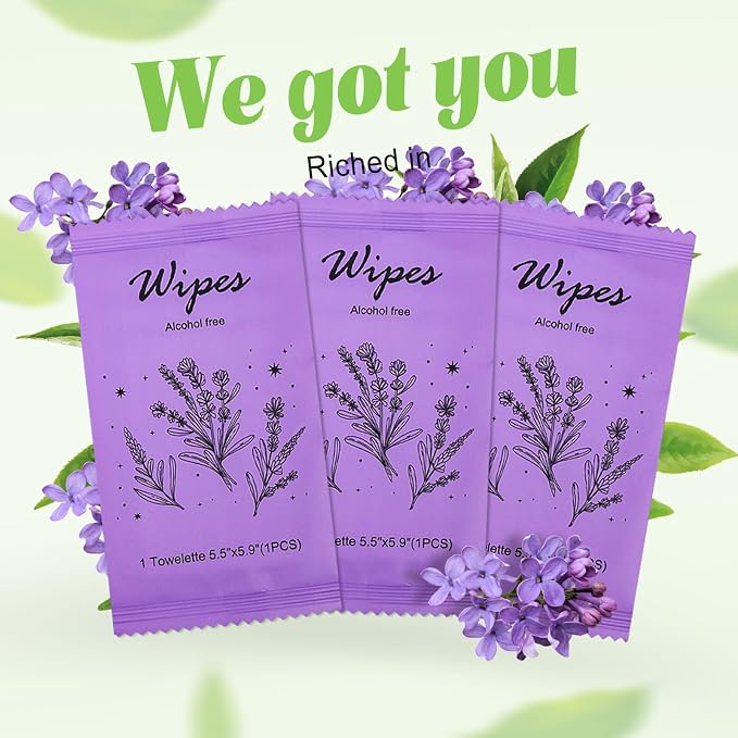 Individual Hand Wipes Wet Wipes Travel Size,Wet Wipes Individually Wrapped | 60PCS Bulk Cleansing Travel Size Wipes for Wedding Travel Restaurant Barbecue(Lavender)