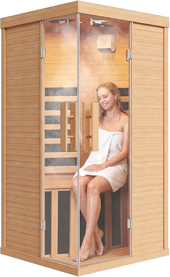 Infrared Sauna for Home, Sauna Spa Room Canadian Hemlock Wood with 10-Color Light , Bluetooth Speakers, Tempered Glass & Control Panel - 149℉ Heating, Indoor Dry & Steam Sauna – 33.5" x 33.5" x 67"