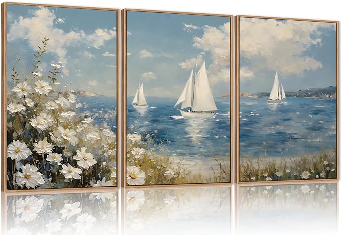 FWIEXA Coastal Wildflower Canvas Wall Art Framed, Ocean Sailboats Pictures Wall Decor, Beach Flower Seascape Painting, Blue Sky 3 Pieces 24x36In Artwork for Living Room, Bedroom, Bathroom, Rustic Farmhouse