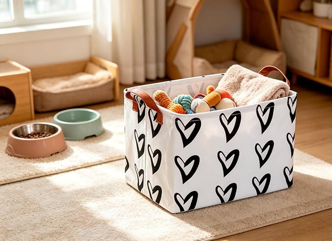 CLOCOR Heart Rectangular Storage Bin, Collapsible Waterproof Books Box with Handles, Gift Baskets (Black Hearts)