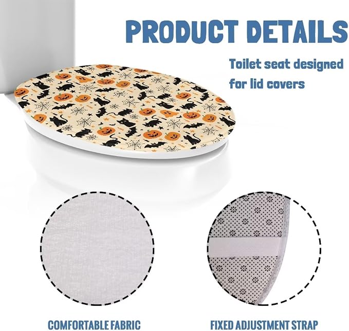 Toilet Lid Cover, Suitable for Most Round, Elongated and Oblong Toilet Seats, Bathroom Decorative Flannel Soft Toilet Lid Cover-Halloween Black Cat Pumpkins