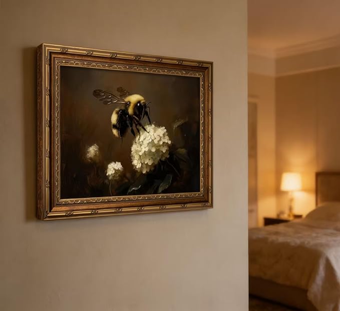 Vintage Gold Framed Bee Wall Art Dark Academia Insect Painting Canvas Print Gothic Moody White Hydrangea Picture Wall Decor Rustic Farmhouse Animal Poster Artwork for Living Room Bedroom Bathroom