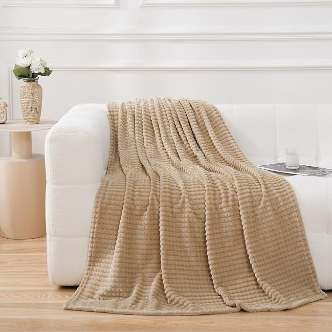 Puncuntex Fleece Throw Blanket Khaki 60"×80" with Square Grid Design | Super Soft Plush Cozy Flannel Throw Blanket Luxury for Couch Sofa Chair