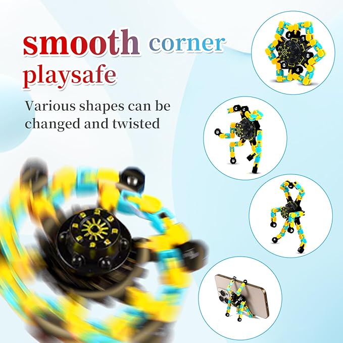 4 Pcs Fidget Toys Transformable Fidget Spinners Autism ADHD Anxiety Stress Relief Sensory Toys for Kids and Adults Deformable Robot Spinner Fingertip Gyros for Party Favors Prizes(GlowYellowBlue)