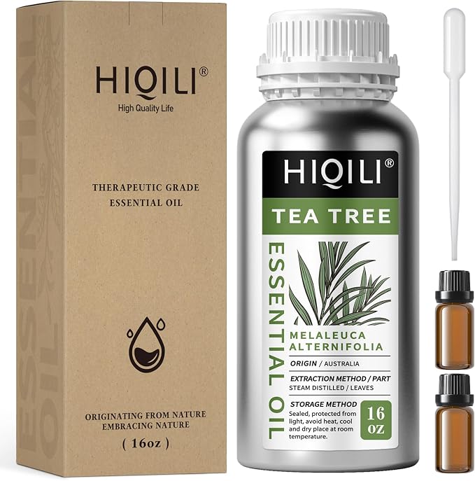 HIQILI Tea Tree Oil for Skin, Hair, Nail, Diffuser, Soap Making | Includes Two Portable Decanters - 500mL / 16 fl.oz