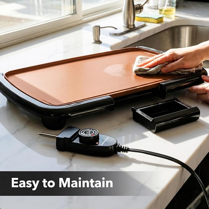 OVENTE Electric Griddle with 16 x 10 Inch Non-Stick Plate, Copper GD1610CO | Removable and Adjustable Temperature Control, Indoor Grill perfect for Instant Breakfast, Pancakes, Eggs or Burgers