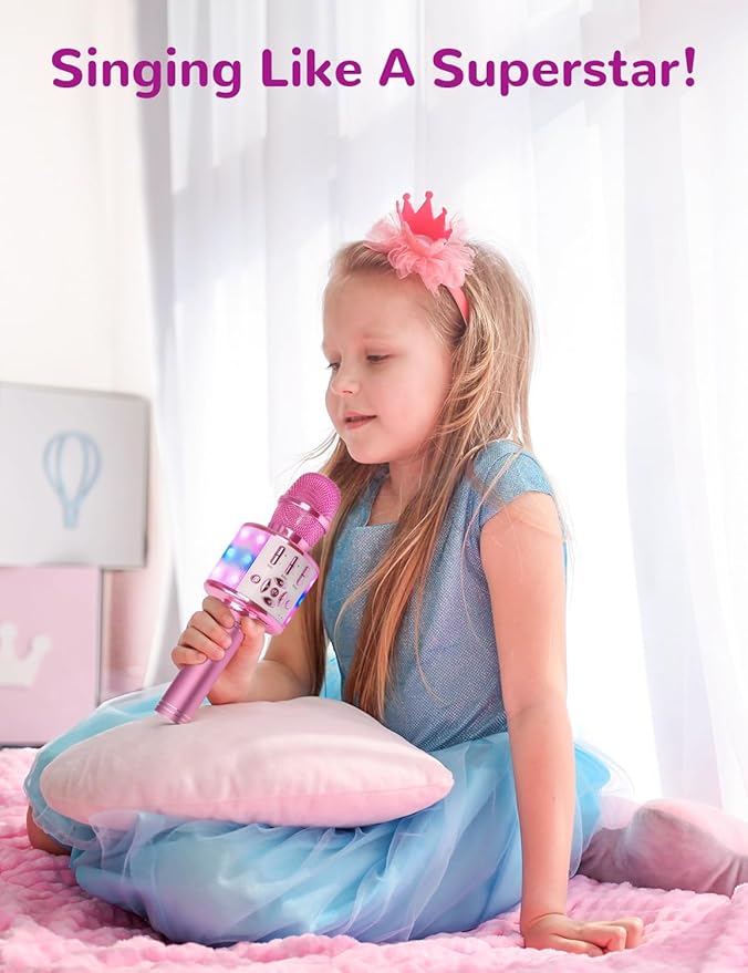 Amazmic Toys for Girls, Kids Karaoke Microphone Toddler Microphone for Kids with Lights, for Girls, Birthday Party Boys Toy Age 3 4 5 6 7 8+(Light Pink)