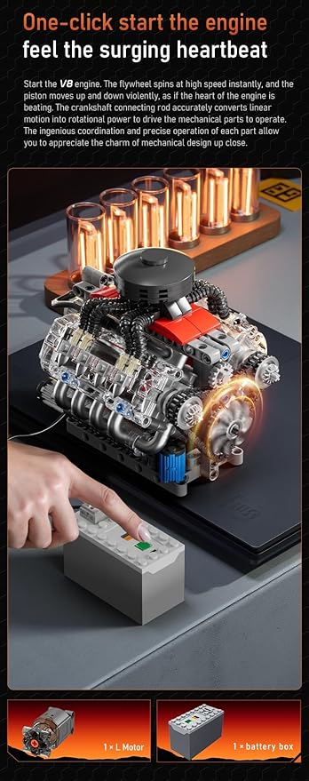 Sosuy V8 Engine Building-Blocks Sets, Working Motor Model, 487+PCS Mechanic Display Home Set for Collection Fans, STEM Cars Toys for Boys, Birthday Gitf for 8+ Kids Adults Men Girls