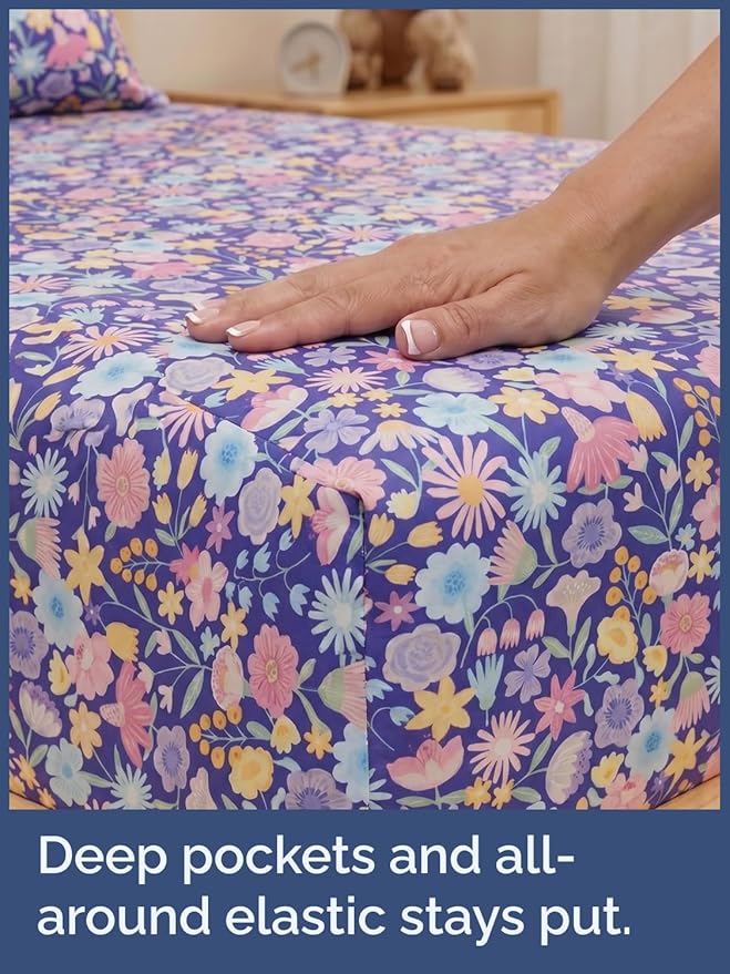 CGK Unlimited Kids Purple Meadow Twin 3 Piece Sheet Set - Boys, Girls, Teens, Toddler - Easy Fit Deep Pockets - Soft, Cooling & Breathable Sheets - Cute, Cozy, Fade & Wrinkle Free - Machine Washable