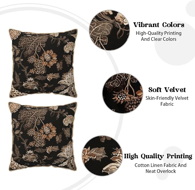 Vintage Black Floral Leaves Velvet Pillow Covers 16x16 Inch Brown Beige Tan Boho Flowers Throw Pillows For Couch Cushion Covers Pillowcase Farmhouse Bohemian Pillow Cases for Sofa Bed Bedroom