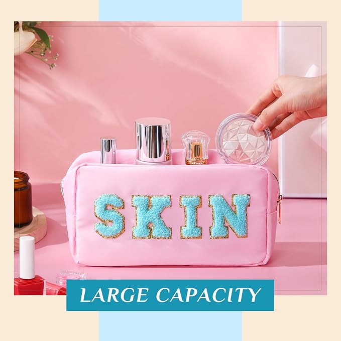 Preppy Makeup Bags Chenille Letter Stuff Bag Nylon Cosmetic Pouch Cases with Zipper for Women Travel Toiletry(Light Color,Vivid,4 Pcs)