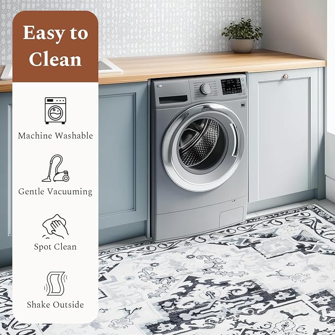 Rugflix 6x9 Area Rugs for Living Room, Washable Light Grey Large Rug | Machine Washable; Stain-Resistant; Low Pile; Non-Slip; Boho Vintage Printed; Carpet for Bedroom Dining Office Nursery Home