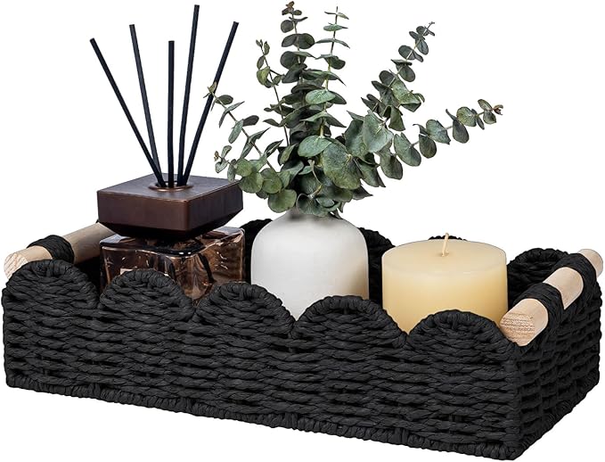 CubesLand Toilet Paper Storage Basket Organizer, Small Wicker Decor Basket | Toilet Tank Top Decorative Basket for Countertop, Handwoven Scalloped Basket W/Handle for Home Decor Living Room, Black
