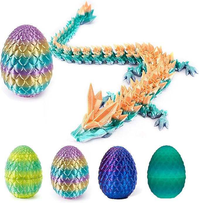 3D Printed Dragon Egg with Articulated Dragon Inside, Fidget Toys for Adults Stress Relief, Unique Home Office Desk Decor Crystal Easter Basket Stuffers (Random)