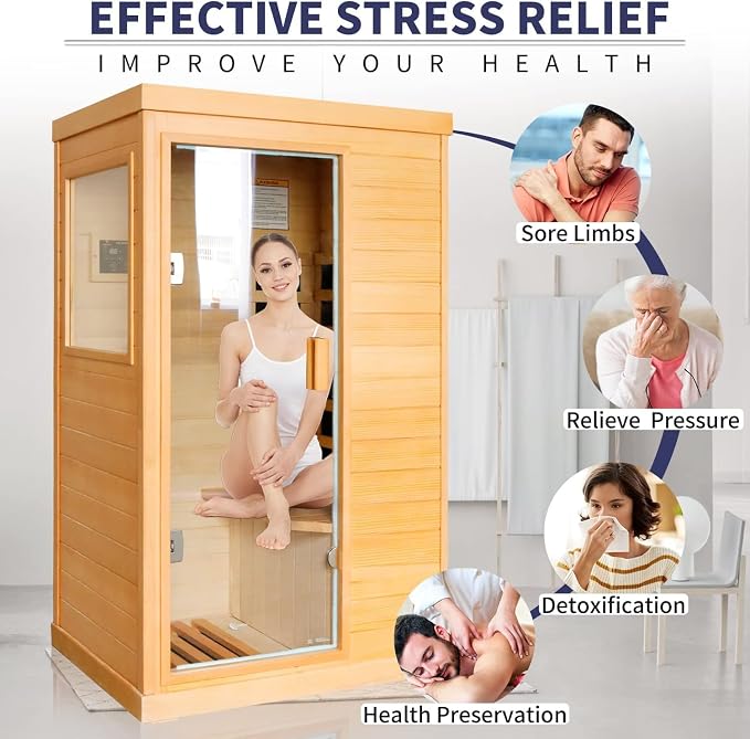 Far Infrared Sauna 1 Person Saunas for Home Spa Low EMF Dry Sauna | Canadian Hemlock Wood Indoor Sauna with Tempered Glass Door, Speaker, Reading Light, Easy Assembly, 1200W, 61.61*35.24*27.56"
