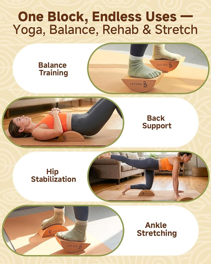 Rocalt Cork Yoga Blocks, Half Moon Foot and Calf Stretching Tool | high-density cork, curved ergonomic shape, 9.4 x 3.3 x 3.9 in, for arches, ankles, Pilates and travel