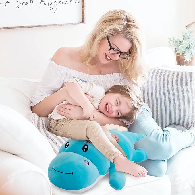 Soft Dinosaur Plush Toy Pillow, Cute Stuffed Animals Doll, Lumbar Back Cushion, Great Gift for Kids Birthday, Valentine (Blue, 31.4in)