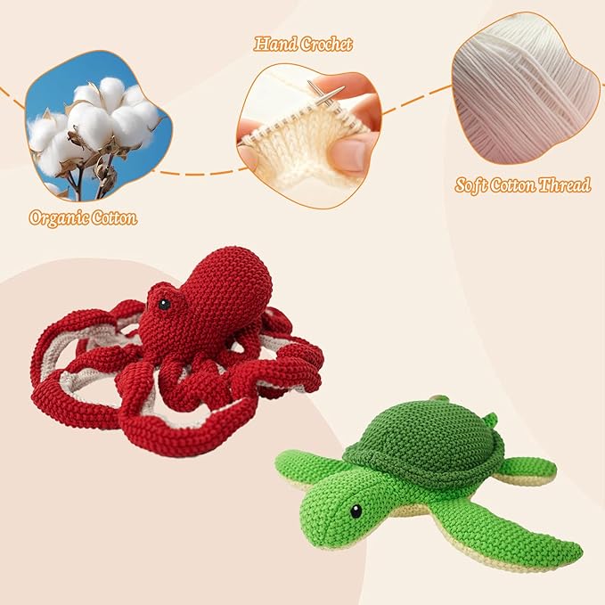 Crochet Stuffed Animals 2-Pack (Octopus & Sea Turtle), 9 Inches Soft Cotton Ocean Plush Toys, Hand-Crocheted Sea Plushies, Birthday for Boys Girls Kids & Adults